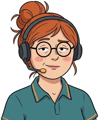 Bev: pelirroja con moño, gafas redondas y cascos con micrófono naranja